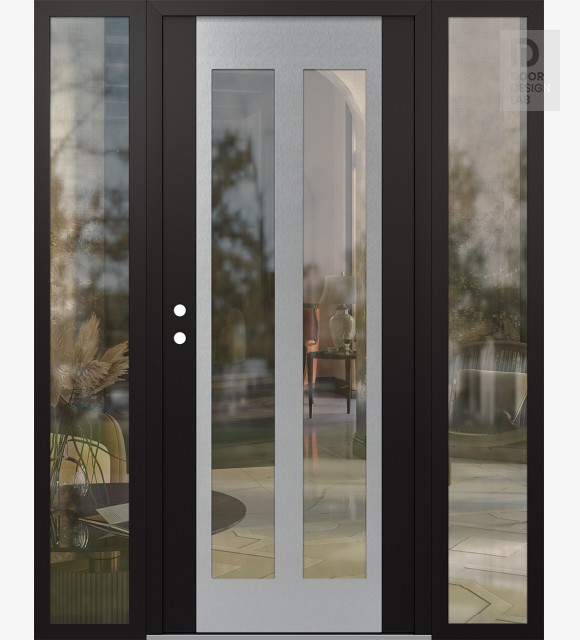 Modern Steel Front Door Diamond C14 64" x 80" black/black clear Glass Panel stainless steel RHI with 2 Sidelites clear Glass
