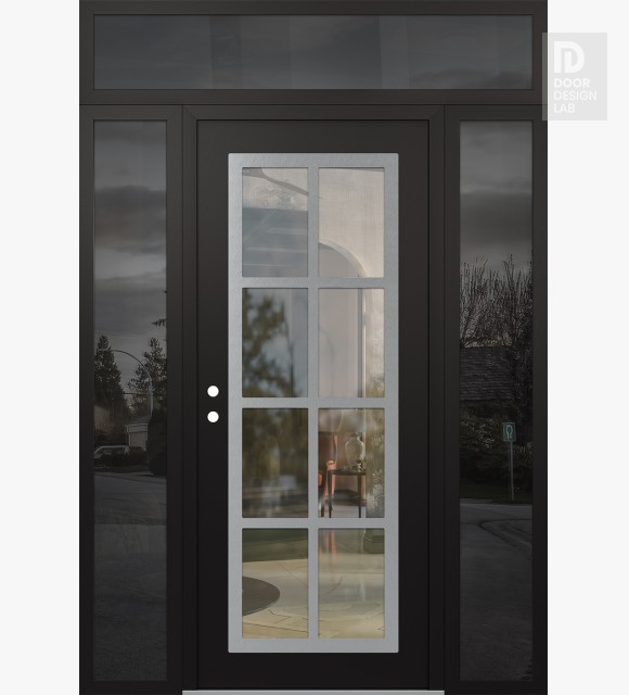 Modern Steel Front Door Diamond C16 64" x 96" black/black clear Glass Panel stainless steel RHI with 2 Sidelites and Transom mirrored Glass