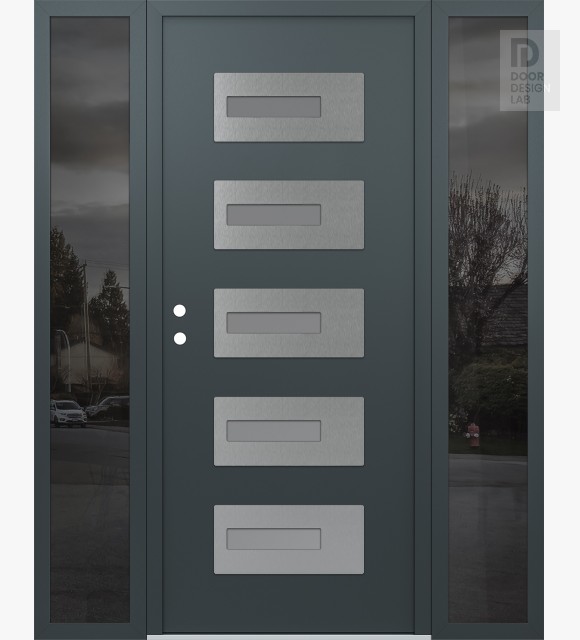 Modern Steel Front Door Diamond D6 60" x 80" anthracite/anthracite frosted Glass Panel stainless steel RHI with 2 Sidelites mirrored Glass