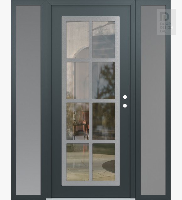 Modern Steel Front Door Diamond C16 60" x 80" anthracite/anthracite clear Glass Panel stainless steel LHI with 2 Sidelites frosted Glass