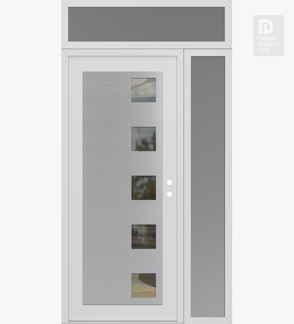 Modern Steel Front Door Diamond C5 50" x 96" white/white clear Glass Panel stainless steel LHI with Sidelite and Transom frosted Glass