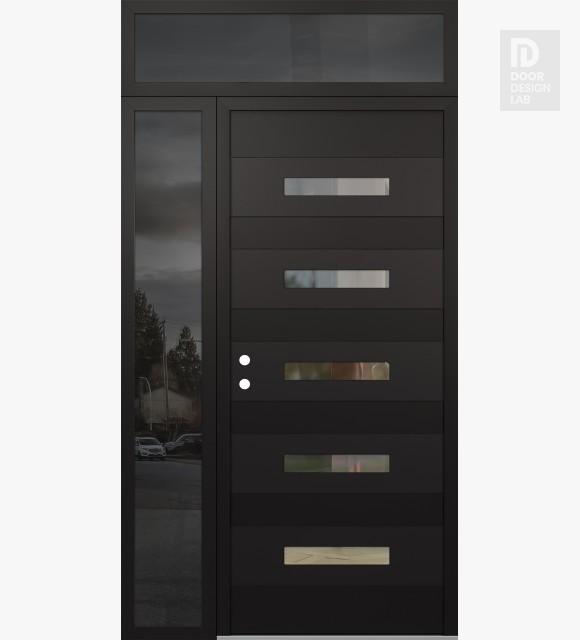 Modern Steel Front Door Diamond D9 50" x 96" black/black clear Glass Panel black RHI with Sidelite and Transom mirrored Glass