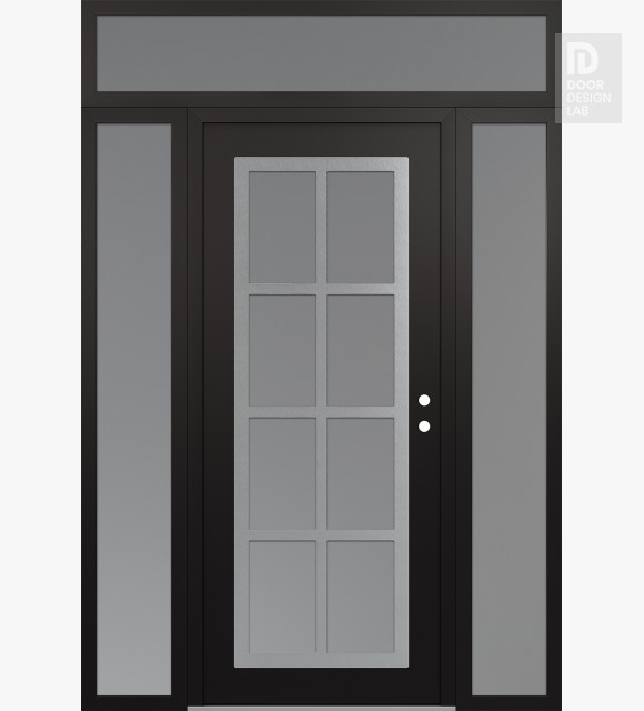 Modern Steel Front Door Diamond C16 68" x 96" black/white frosted Glass Panel stainless steel LHI with 2 Sidelites and Transom frosted Glass