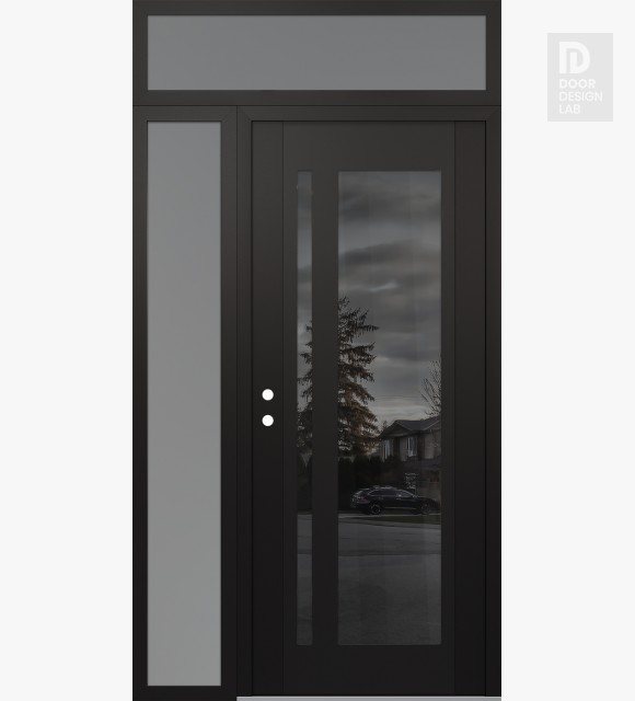 Modern Steel Front Door Diamond C15 50" x 96" black/black mirrored Glass Panel black RHI with Sidelite and Transom frosted Glass