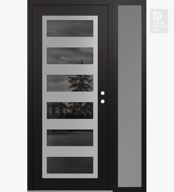 Modern Steel Front Door Diamond C9 52" x 80" black/black mirrored Glass Panel stainless steel LHI with Sidelite frosted Glass