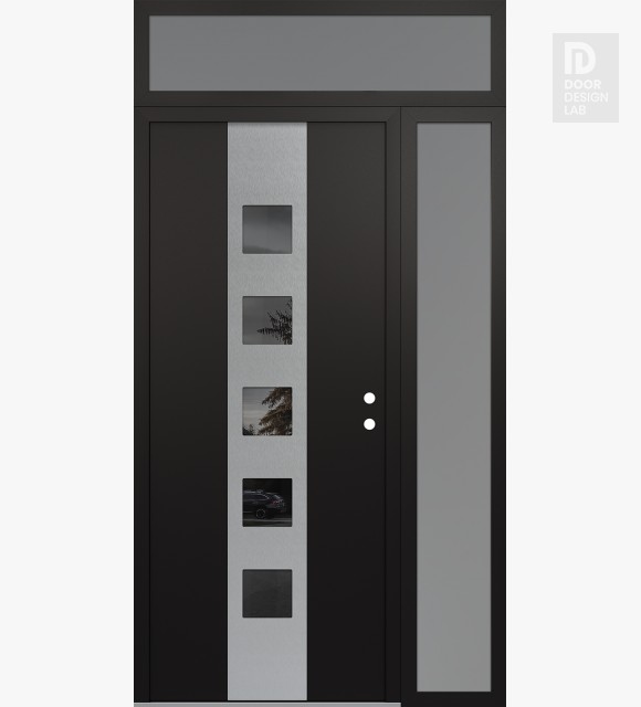 Modern Steel Front Door DIAMOND A13 48" X 96" BLACK/BLACK MIRRORED GLASS PANEL STAINLESS STEEL LHI WITH SIDELITE AND TRANSOM FROSTED GLASS