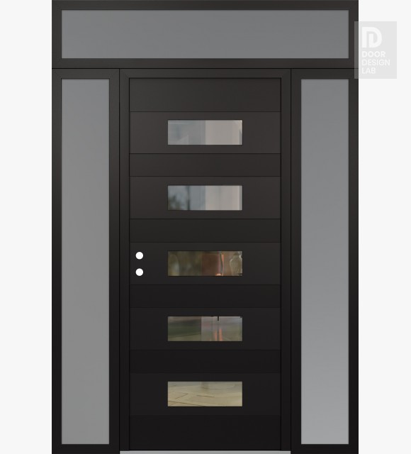 Modern Steel Front Door Diamond D5 60" x 96" black/black clear Glass Panel black RHI with 2 Sidelites and Transom frosted Glass