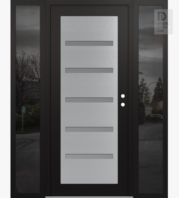 Modern Steel Front Door Diamond C7 64" x 80" black/white frosted Glass Panel stainless steel LHI with 2 Sidelites mirrored Glass