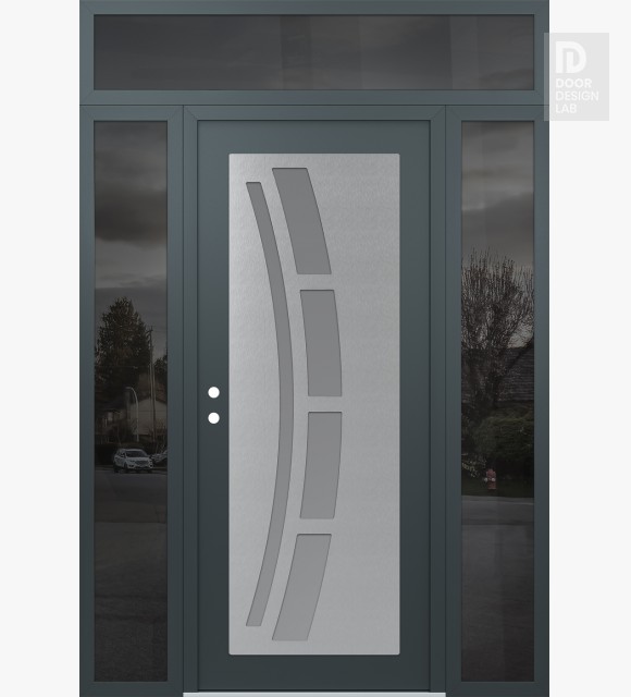 Modern Steel Front Door Diamond C12 68" x 96" anthracite/anthracite frosted Glass Panel stainless steel RHI with 2 Sidelites and Transom mirrored Glass