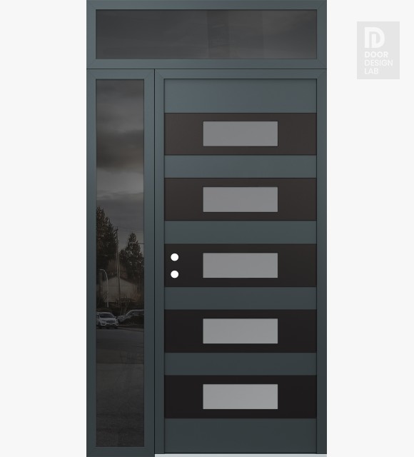 Modern Steel Front Door Diamond D5 48" x 96" anthracite/anthracite frosted Glass Panel black RHI with Sidelite and Transom mirrored Glass