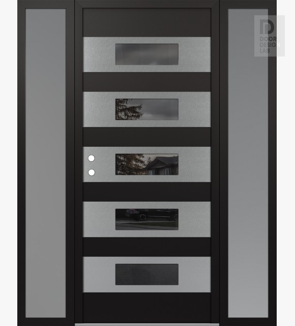 Modern Steel Front Door Diamond D5 64" x 80" black/black mirrored Glass Panel stainless steel RHI with 2 Sidelites frosted Glass