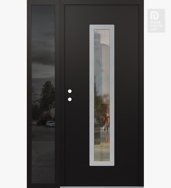 Modern Steel Front Door DIAMOND A11 50" X 80" BLACK/BLACK CLEAR GLASS PANEL STAINLESS STEEL RHI WITH SIDELITE MIRRORED GLASS