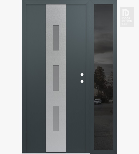 Modern Steel Front Door DIAMOND A7 48" X 80" ANTHRACITE/ANTHRACITE FROSTED GLASS PANEL STAINLESS STEEL LHI WITH SIDELITE MIRRORED GLASS