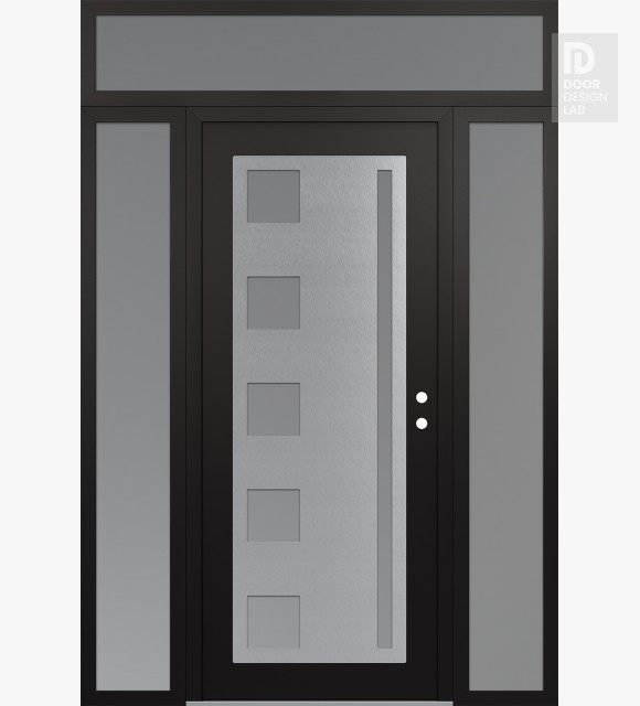 Modern Steel Front Door Diamond C3 64" x 96" black/white frosted Glass Panel stainless steel LHI with 2 Sidelites and Transom frosted Glass