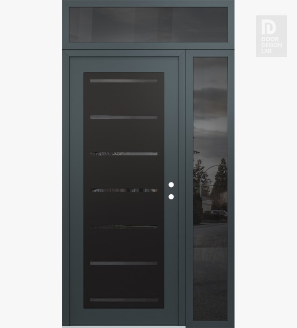 Modern Steel Front Door Diamond C11 52" x 96" anthracite/anthracite mirrored Glass Panel black LHI with Sidelite and Transom mirrored Glass