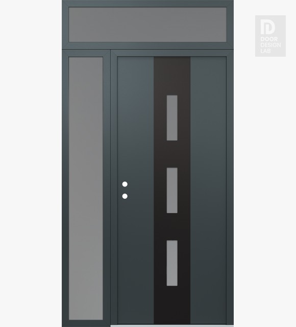 Modern Steel Front Door DIAMOND A7 48" X 96" ANTHRACITE/ANTHRACITE FROSTED GLASS PANEL BLACK RHI WITH SIDELITE AND TRANSOM FROSTED GLASS