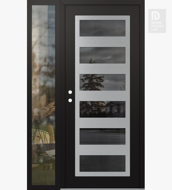 Modern Steel Front Door Diamond C9 50" x 80" black/black mirrored Glass Panel stainless steel RHI with Sidelite clear Glass