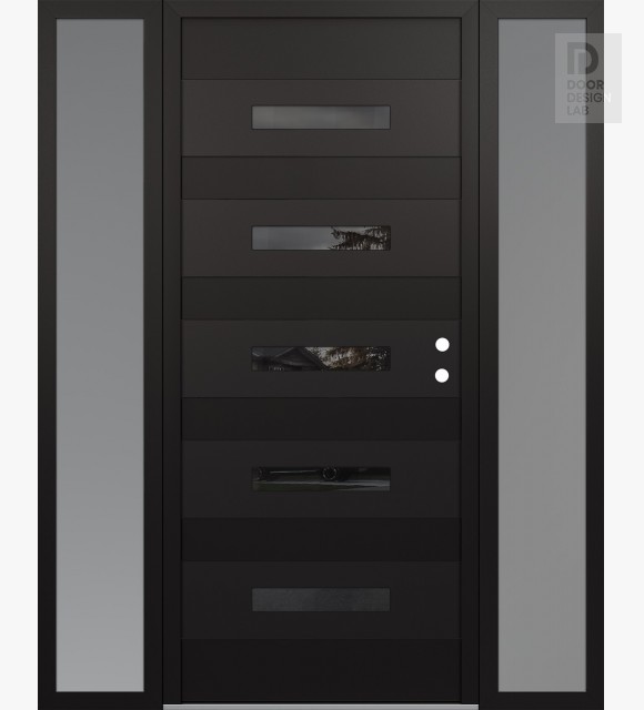 Modern Steel Front Door Diamond D9 68" x 80" black/black mirrored Glass Panel black LHI with 2 Sidelites frosted Glass