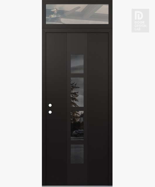 Modern Steel Front Door DIAMOND A10 36" X 96" BLACK/BLACK MIRRORED GLASS PANEL BLACK RHI WITH TRANSOM CLEAR GLASS