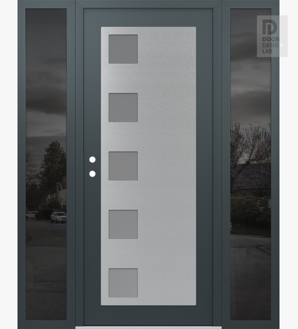 Modern Steel Front Door Diamond C5 60" x 80" anthracite/anthracite frosted Glass Panel stainless steel RHI with 2 Sidelites mirrored Glass
