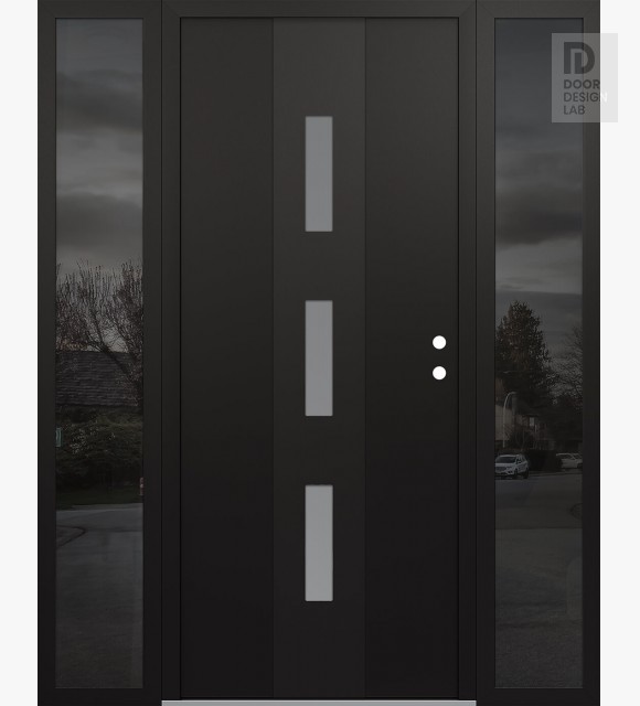 Modern Steel Front Door DIAMOND A7 68" X 80" BLACK/WHITE FROSTED GLASS PANEL BLACK LHI WITH 2 SIDELITES MIRRORED GLASS