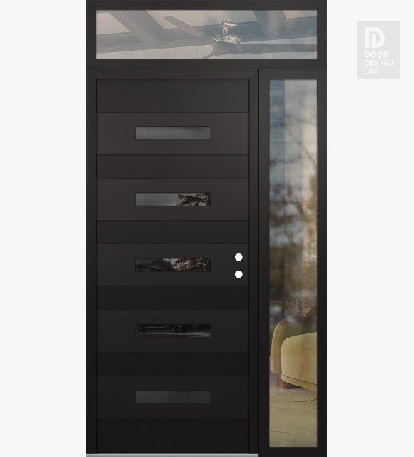 Modern Steel Front Door Diamond D9 52" x 96" black/black mirrored Glass Panel black LHI with Sidelite and Transom clear Glass
