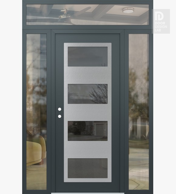 Modern Steel Front Door Diamond C2 64" x 96" anthracite/anthracite mirrored Glass Panel stainless steel RHI with 2 Sidelites and Transom clear Glass
