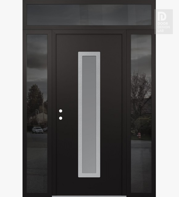 Modern Steel Front Door DIAMOND A11 68" X 96" BLACK/WHITE FROSTED GLASS PANEL STAINLESS STEEL RHI WITH 2 SIDELITES AND TRANSOM MIRRORED GLASS