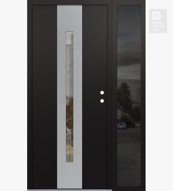 Modern Steel Front Door DIAMOND A2 50" X 80" BLACK/BLACK CLEAR GLASS PANEL STAINLESS STEEL LHI WITH SIDELITE MIRRORED GLASS