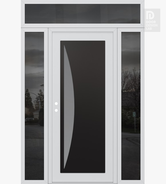 Modern Steel Front Door Diamond C13 60" x 96" white/white frosted Glass Panel black RHI with 2 Sidelites and Transom mirrored Glass