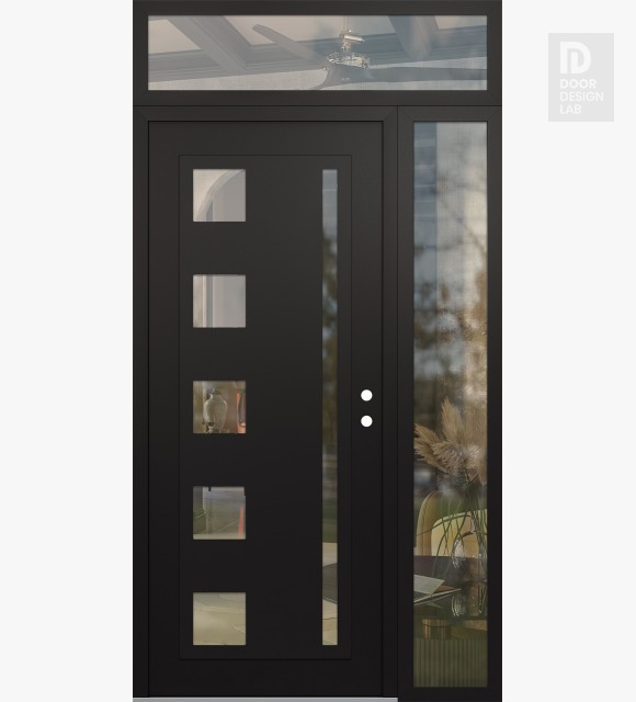 Modern Steel Front Door Diamond C3 52" x 96" black/black clear Glass Panel black LHI with Sidelite and Transom clear Glass