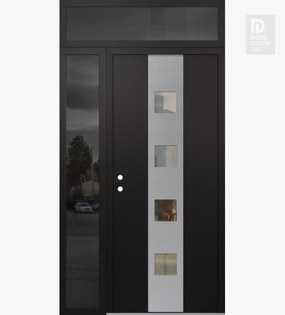 Modern Steel Front Door DIAMOND A12 50" X 96" BLACK/BLACK CLEAR GLASS PANEL STAINLESS STEEL RHI WITH SIDELITE AND TRANSOM MIRRORED GLASS