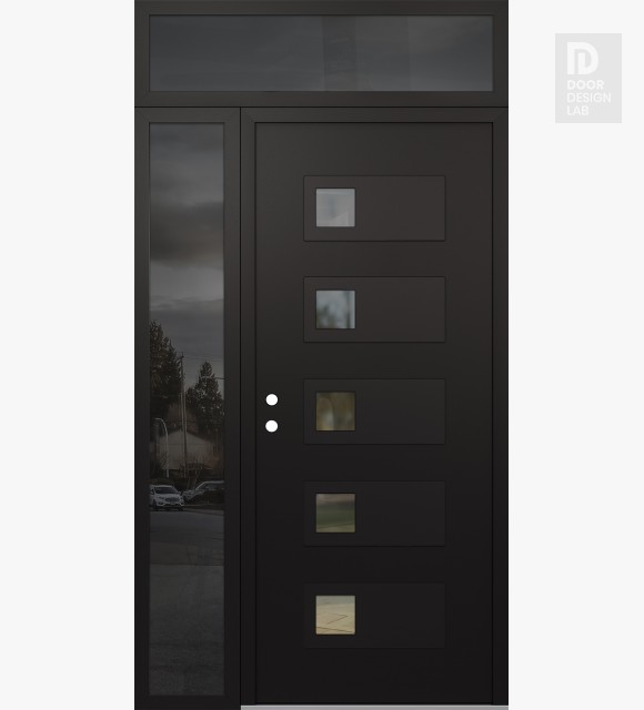 Modern Steel Front Door Diamond D2 48" x 96" black/black clear Glass Panel black RHI with Sidelite and Transom mirrored Glass