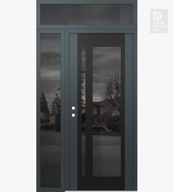 Modern Steel Front Door Diamond C15 48" x 96" anthracite/anthracite mirrored Glass Panel black RHI with Sidelite and Transom mirrored Glass