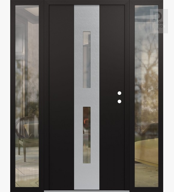 Modern Steel Front Door DIAMOND A6 60" X 80" BLACK/BLACK CLEAR GLASS PANEL STAINLESS STEEL LHI WITH 2 SIDELITES CLEAR GLASS