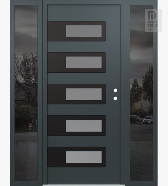 Modern Steel Front Door Diamond D3 60" x 80" anthracite/anthracite frosted Glass Panel black LHI with 2 Sidelites mirrored Glass