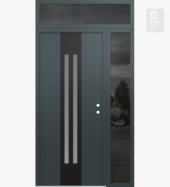 Modern Steel Front Door DIAMOND A8 52" X 96" ANTHRACITE/ANTHRACITE FROSTED GLASS PANEL BLACK LHI WITH SIDELITE AND TRANSOM MIRRORED GLASS