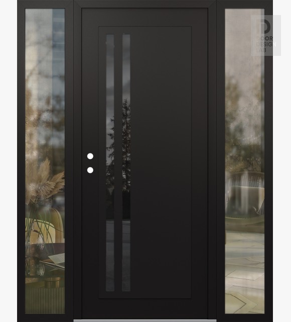 Modern Steel Front Door Diamond C6 68" x 80" black/black mirrored Glass Panel black RHI with 2 Sidelites clear Glass