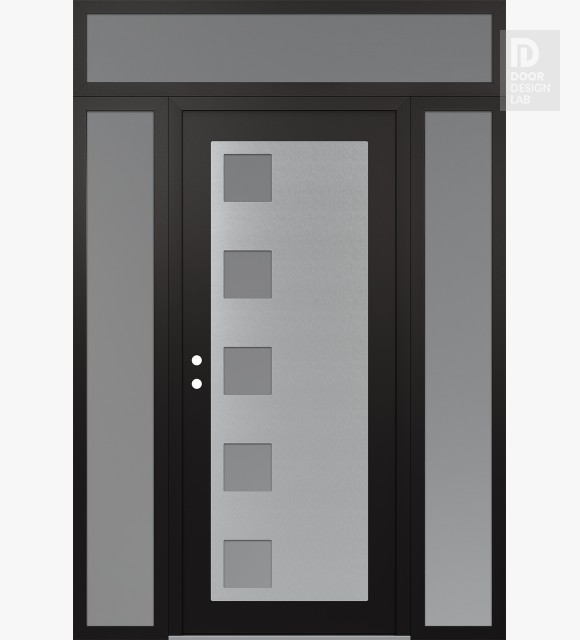 Modern Steel Front Door Diamond C5 68" x 96" black/white frosted Glass Panel stainless steel RHI with 2 Sidelites and Transom frosted Glass
