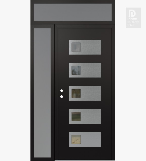 Modern Steel Front Door Diamond D2 50" x 96" black/black clear Glass Panel stainless steel RHI with Sidelite and Transom frosted Glass