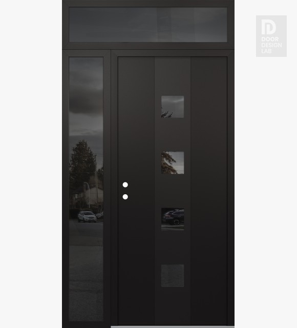 Modern Steel Front Door DIAMOND A12 52" X 96" BLACK/BLACK MIRRORED GLASS PANEL BLACK RHI WITH SIDELITE AND TRANSOM MIRRORED GLASS