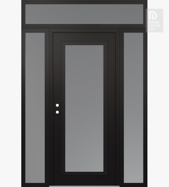 Modern Steel Front Door Diamond C1 60" x 96" black/white frosted Glass Panel black RHI with 2 Sidelites and Transom frosted Glass