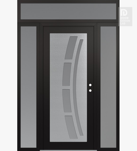 Modern Steel Front Door Diamond C12 68" x 96" black/white frosted Glass Panel stainless steel LHI with 2 Sidelites and Transom frosted Glass