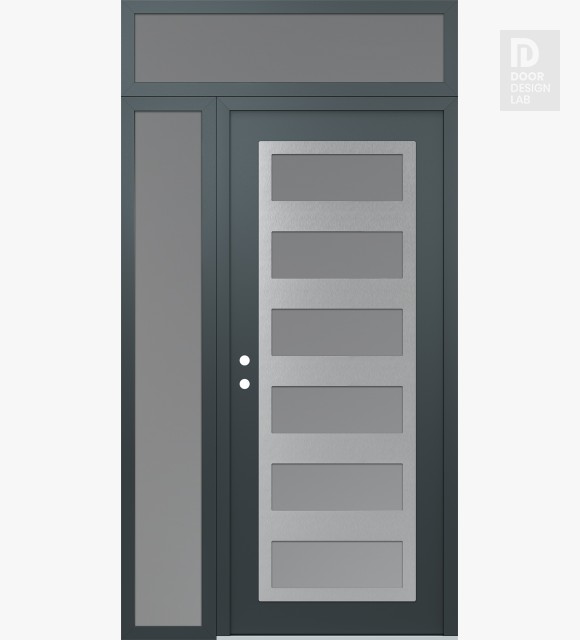 Modern Steel Front Door Diamond C9 52" x 96" anthracite/anthracite frosted Glass Panel stainless steel RHI with Sidelite and Transom frosted Glass