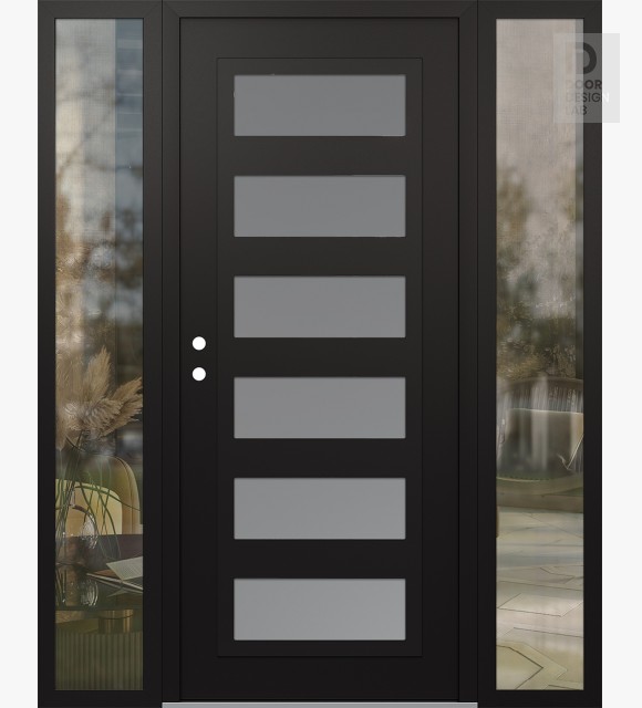Modern Steel Front Door Diamond C9 60" x 80" black/white frosted Glass Panel black RHI with 2 Sidelites clear Glass