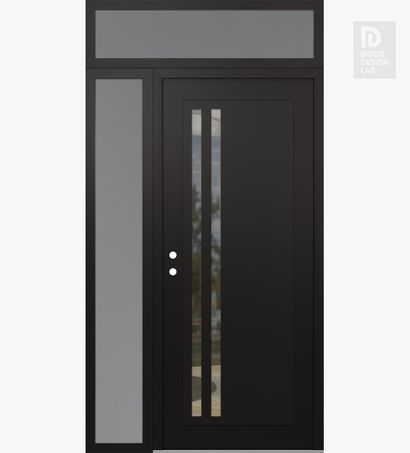 Modern Steel Front Door Diamond C6 52" x 96" black/black clear Glass Panel black RHI with Sidelite and Transom frosted Glass
