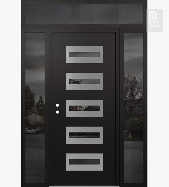 Modern Steel Front Door Diamond D4 68" x 96" black/black mirrored Glass Panel stainless steel RHI with 2 Sidelites and Transom mirrored Glass