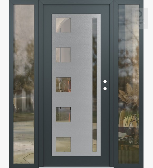 Modern Steel Front Door Diamond C3 64" x 80" anthracite/anthracite clear Glass Panel stainless steel LHI with 2 Sidelites clear Glass