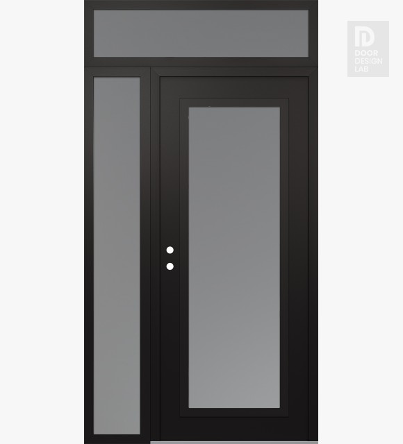 Modern Steel Front Door Diamond C1 48" x 96" black/white frosted Glass Panel black RHI with Sidelite and Transom frosted Glass