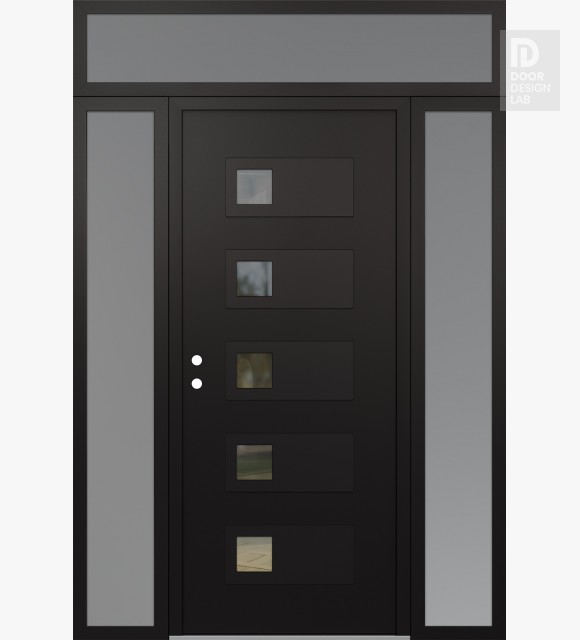 Modern Steel Front Door Diamond D2 68" x 96" black/black clear Glass Panel black RHI with 2 Sidelites and Transom frosted Glass